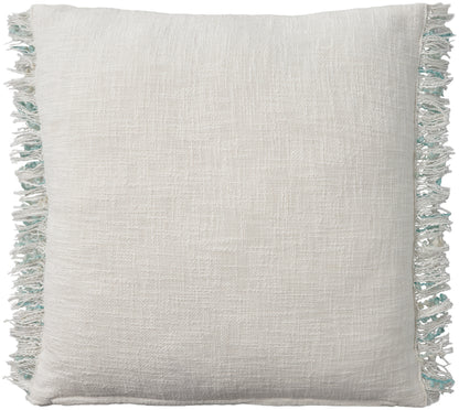 Aqua square linen pillow with woven texture and pastel fringe tassels along the edges.