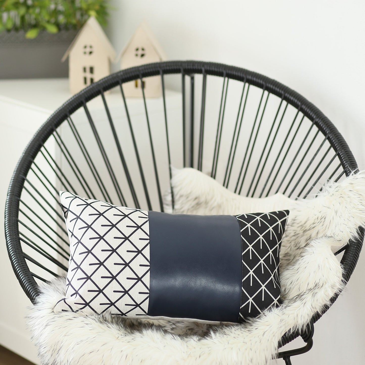 Navy Blue Mesh Faux Leather Lumbar Throw Pillow