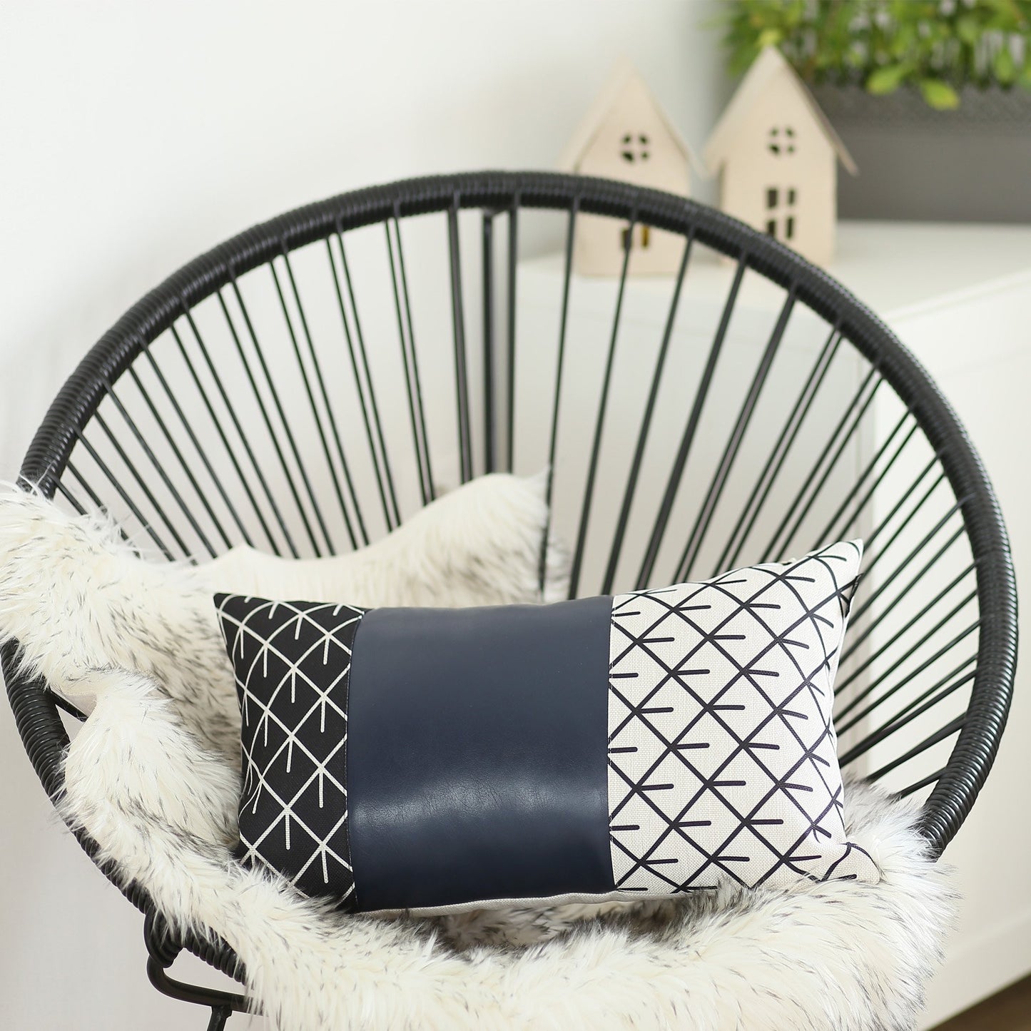 Navy Blue Mesh Faux Leather Lumbar Throw Pillow