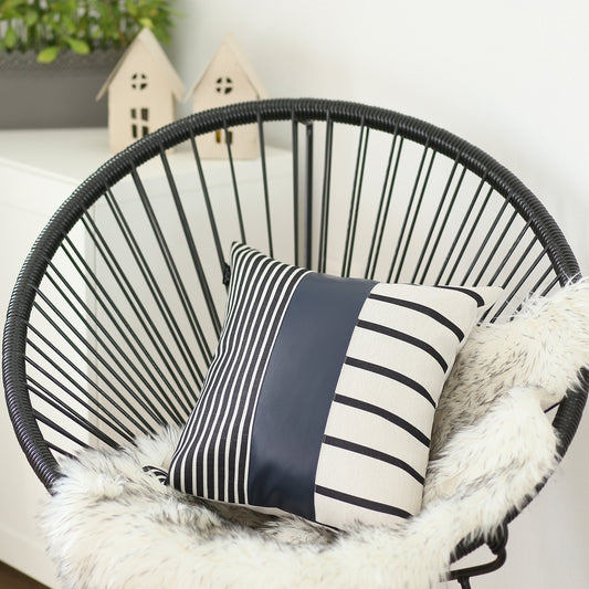 Navy Blue Stripes Faux Leather Throw Pillow