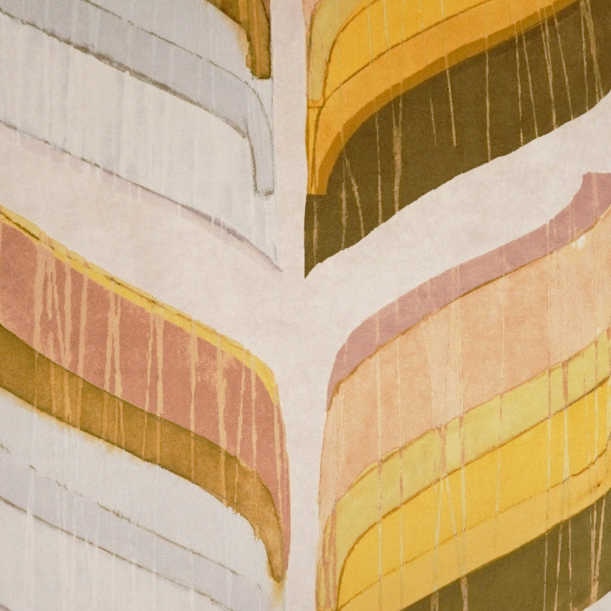 Abstract fabric pattern in pastel tones with curved yellow, peach and pink bands meeting at center, watercolor drips.
