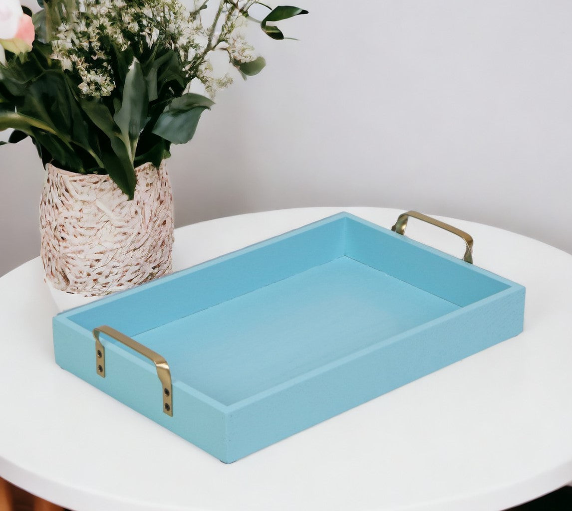 Light Blue Wooden Tray with Gold Handles