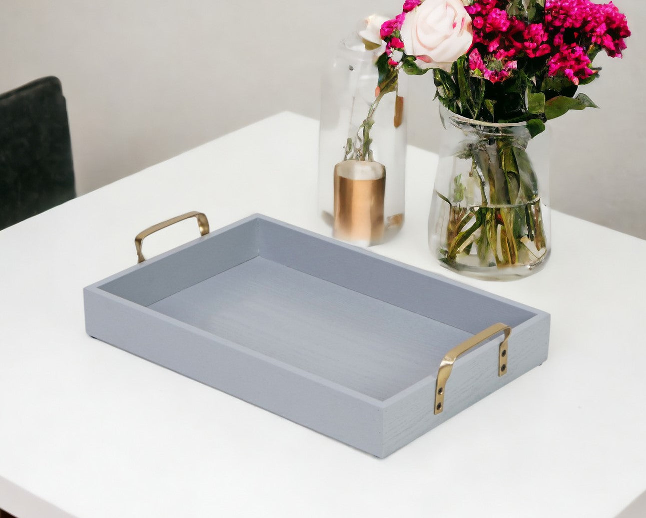 Light Gray Wooden Tray with Gold Handles