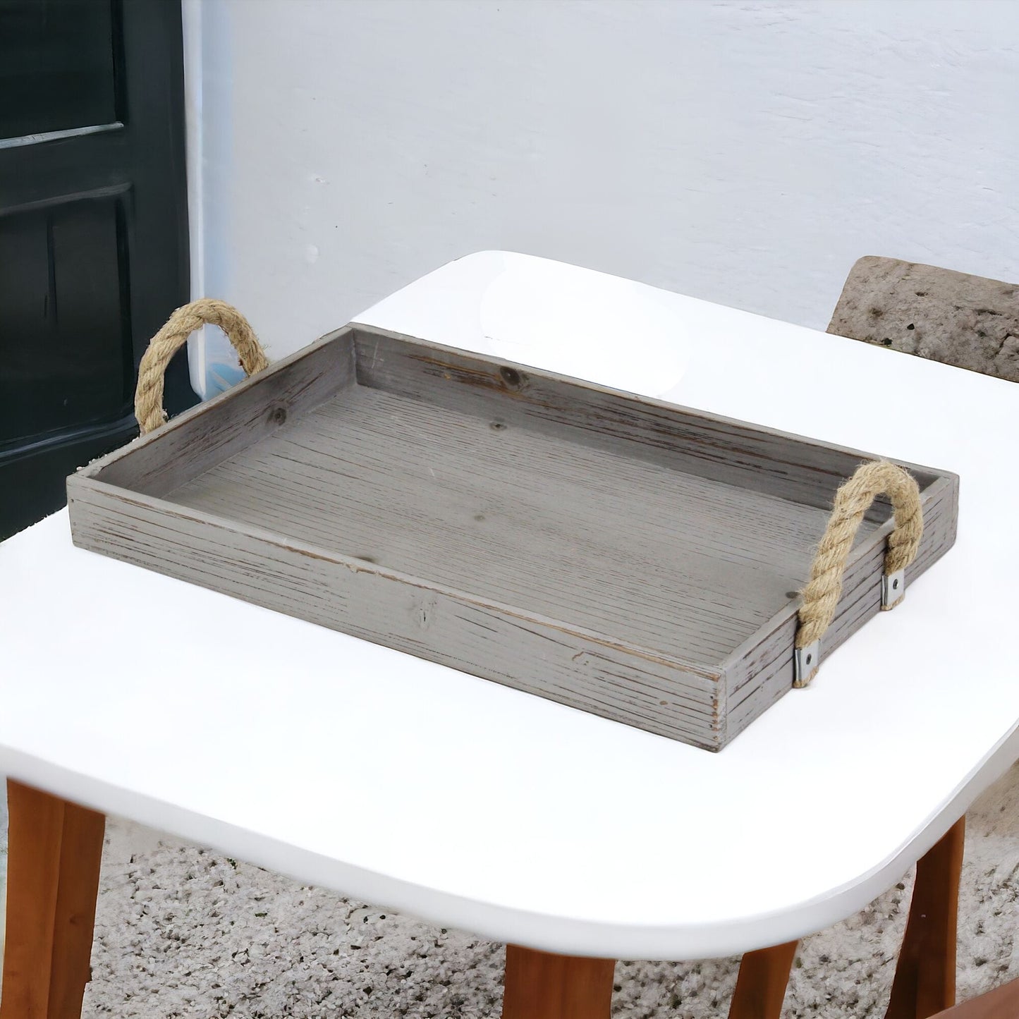 Gray Wooden Tray with Rope Handles