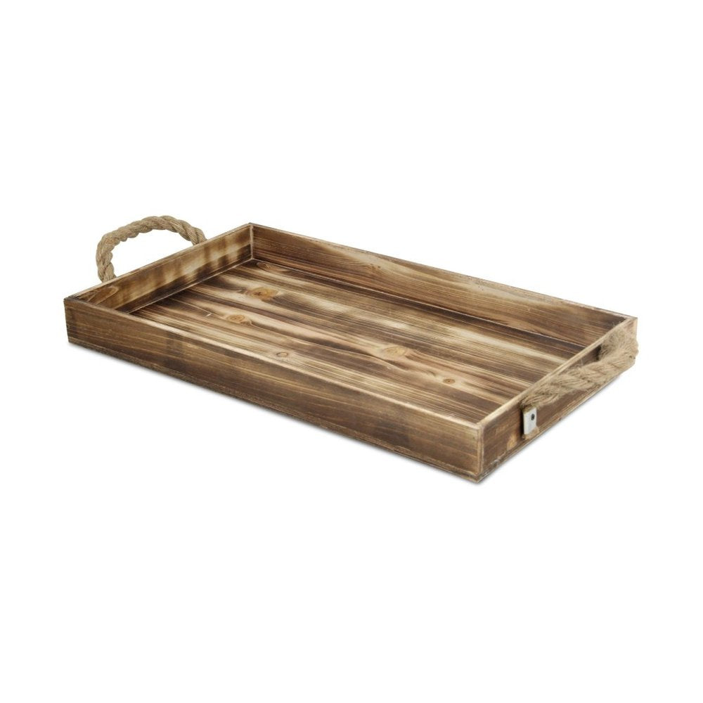 20" Brown Distressed Wood Handmade Serving Tray With Rope Handles