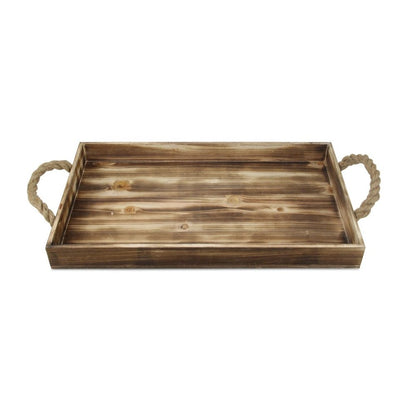 20" Brown Distressed Wood Handmade Serving Tray With Rope Handles