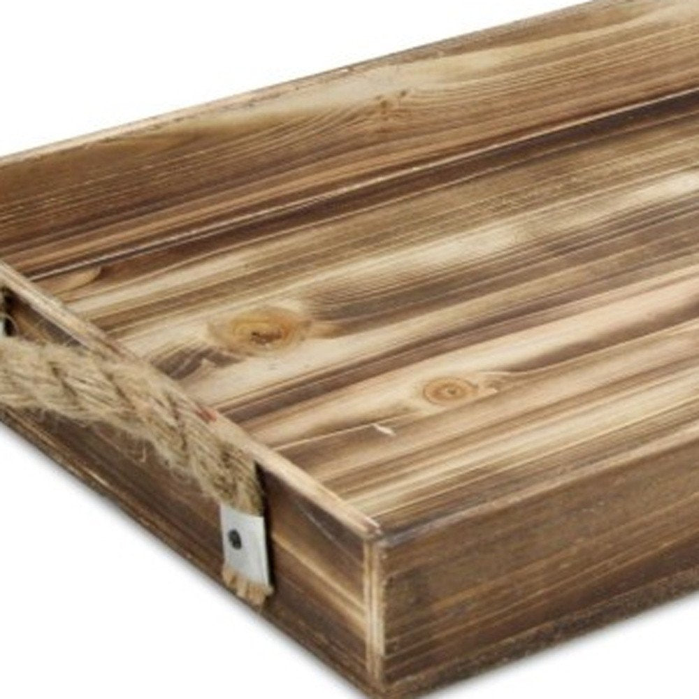 20" Brown Distressed Wood Handmade Serving Tray With Rope Handles