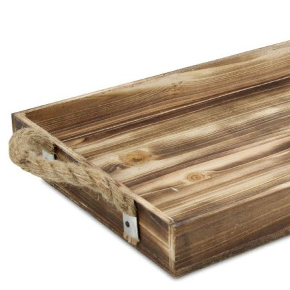 20" Brown Distressed Wood Handmade Serving Tray With Rope Handles
