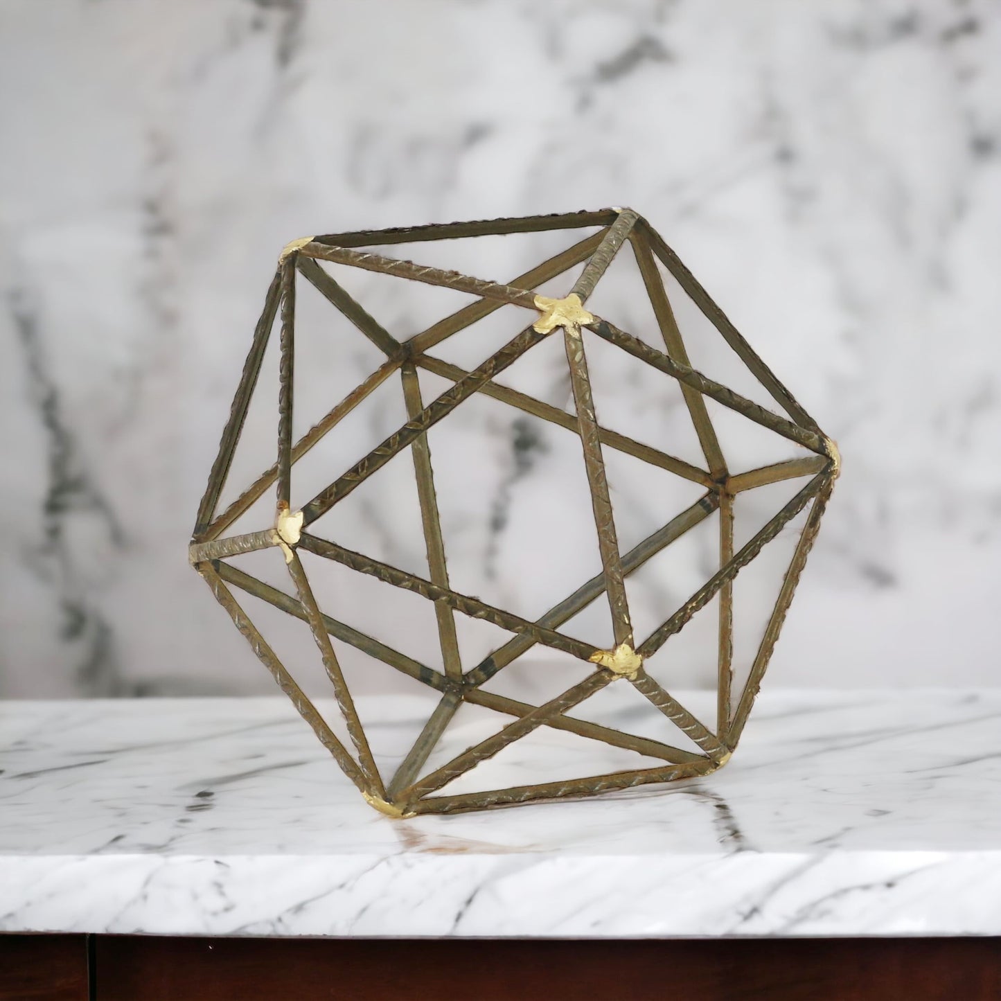 8" Brown and Gold Metal Hand Painted Geometric Orb Tabletop Sculpture