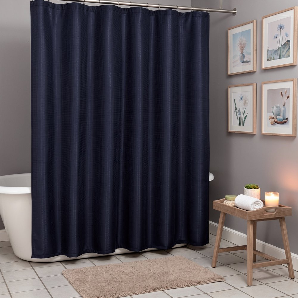 Luxurious Navy Waffle Weave Shower Curtain