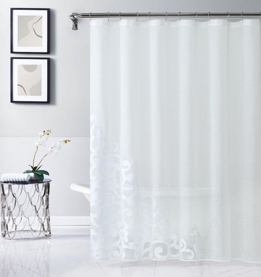 White Contemporary Velvet Scroll Shower Curtain