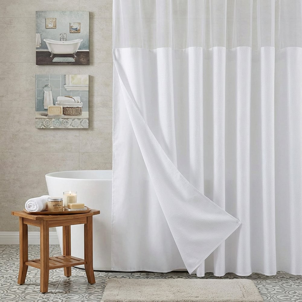 White Sheer and Grid Shower Curtain and Liner Set