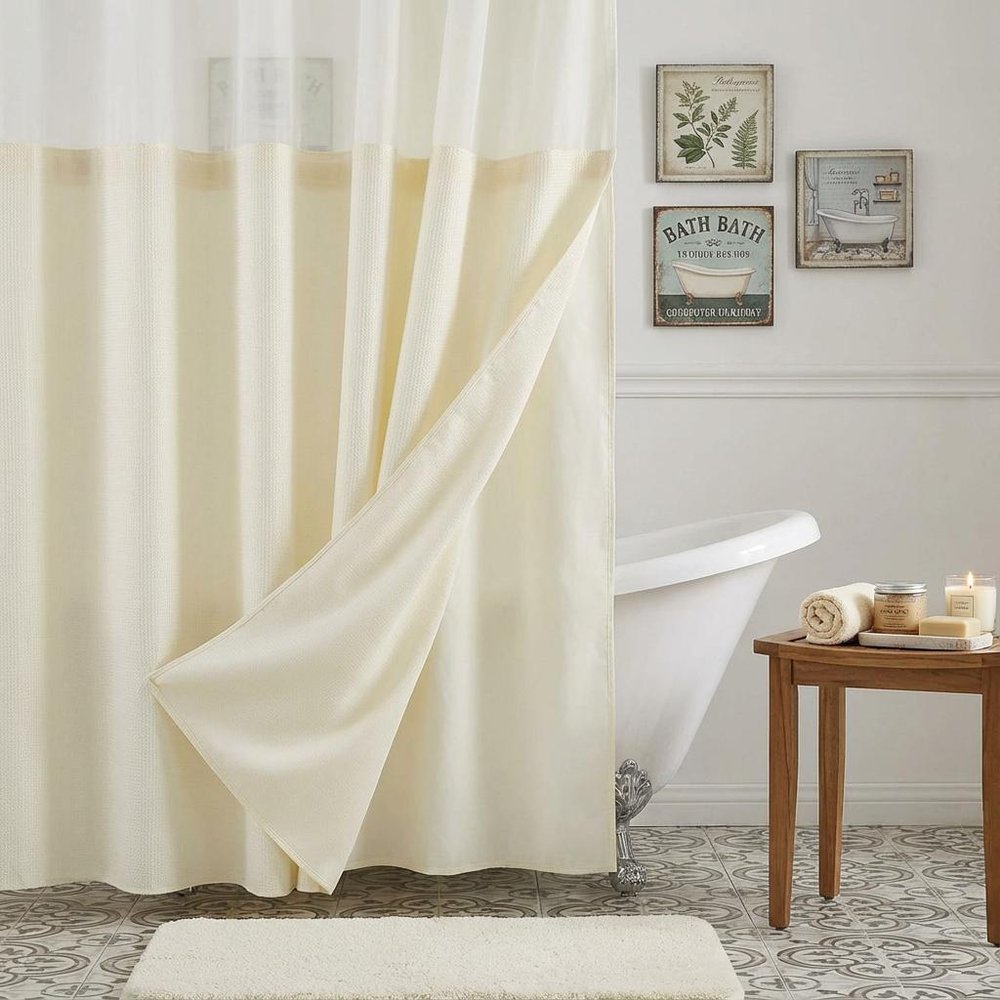 Ivory Sheer and Grid Shower Curtain and Liner Set