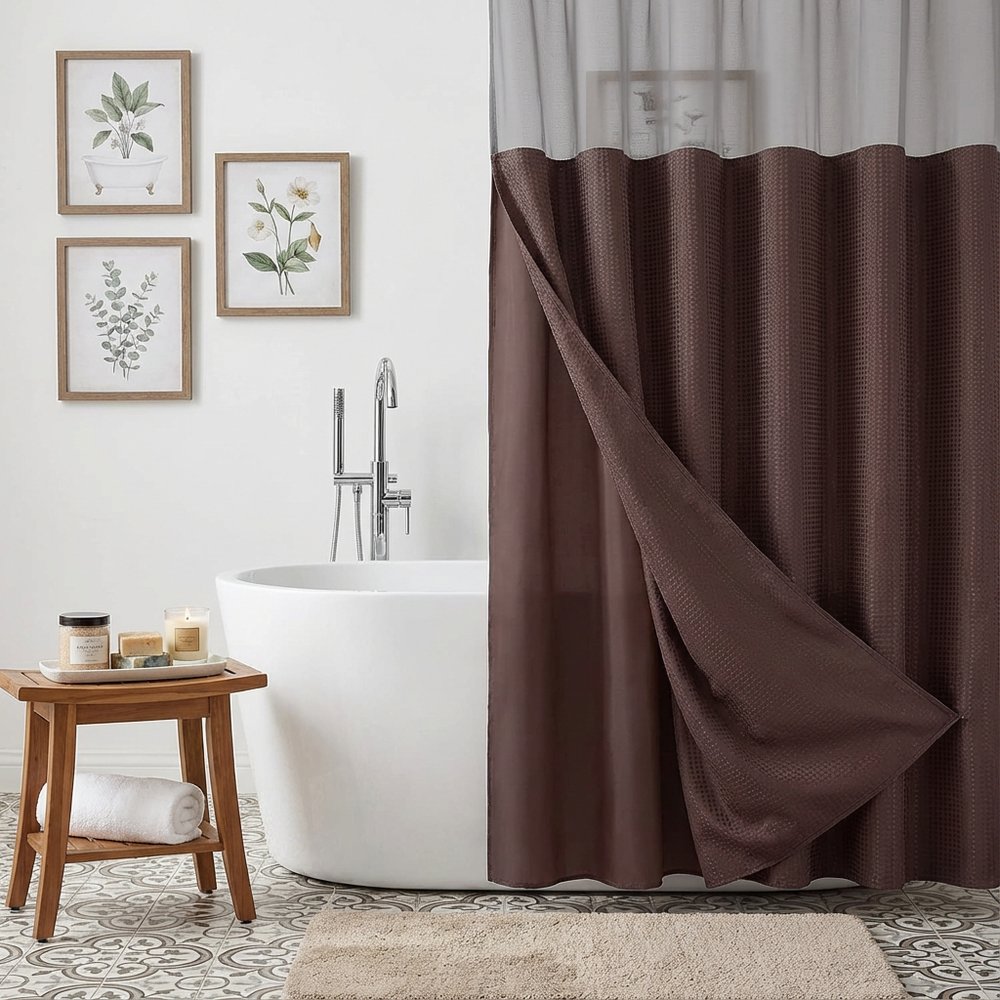 Brown Modern Grid Shower Curtain and Liner Set