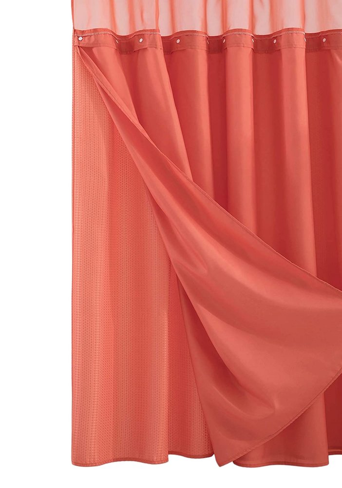 Coral Sheer and Grid Shower Curtain and Liner Set