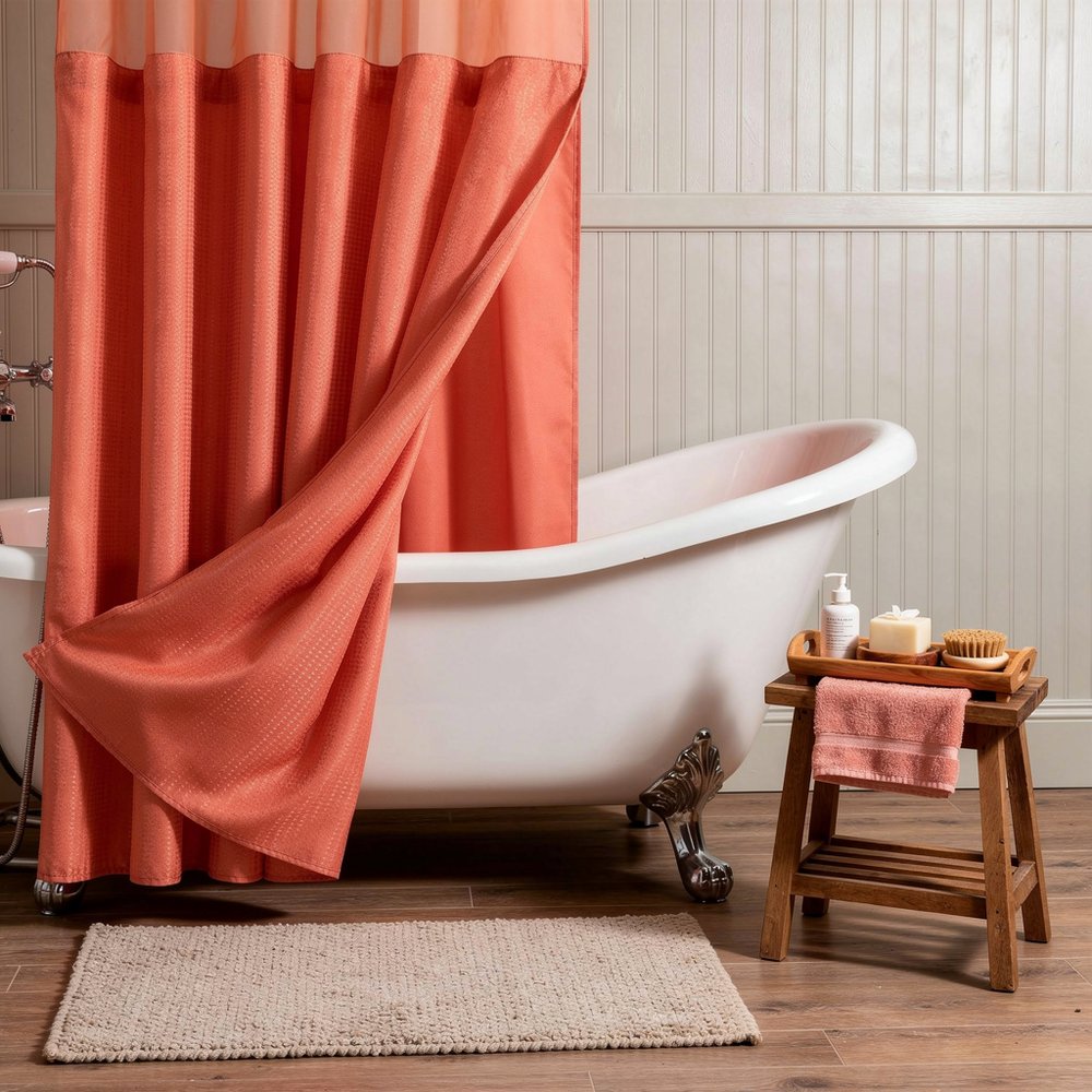 Coral Sheer and Grid Shower Curtain and Liner Set