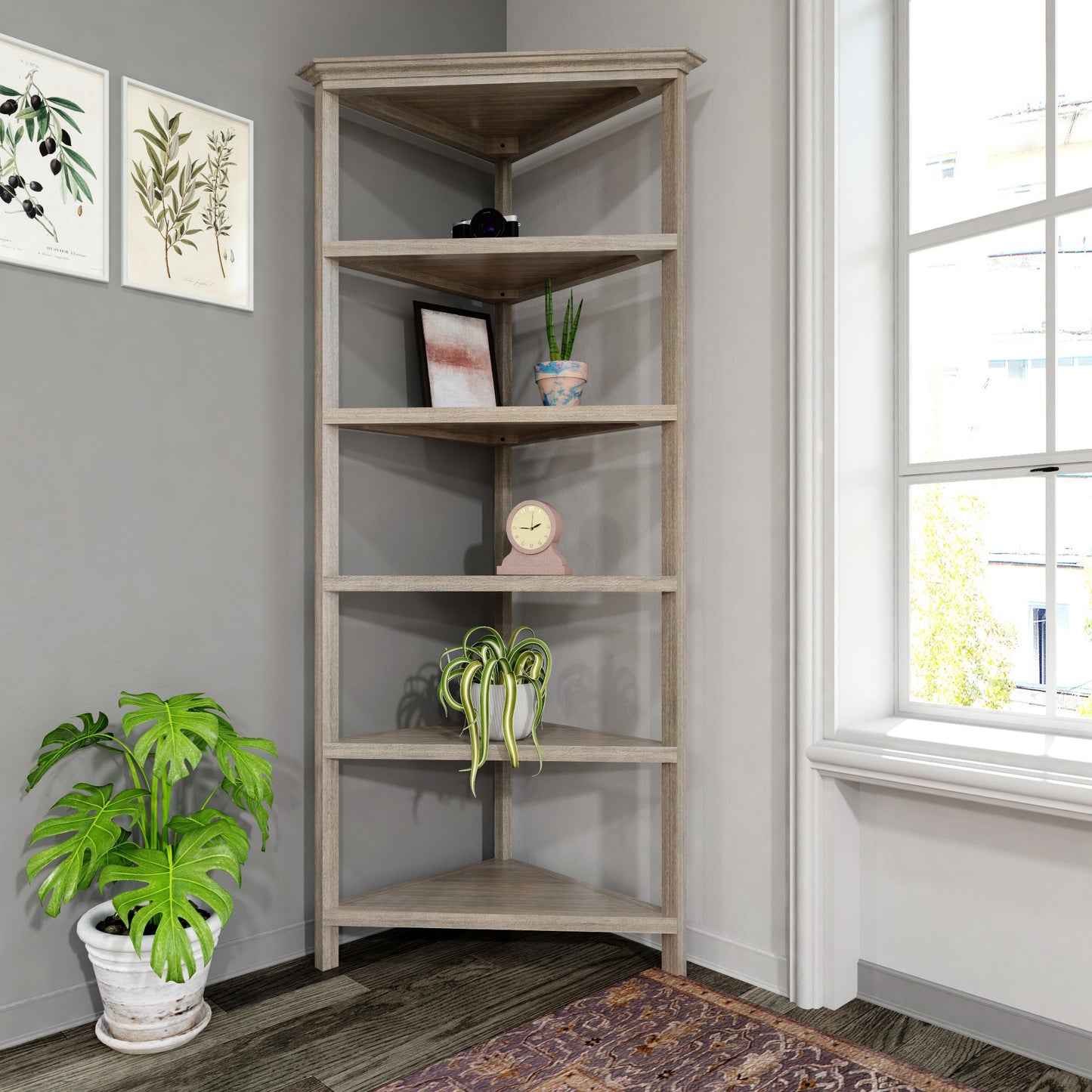 75" Gray Solid Wood Five Tier Corner Bookcase