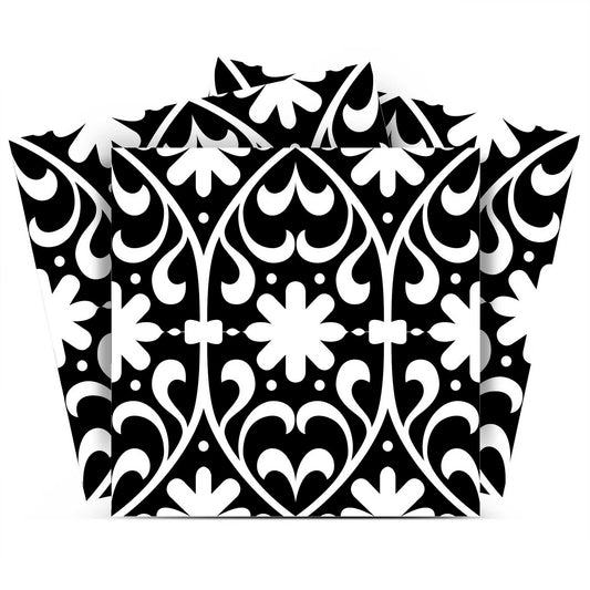 4" X 4" Black and White Floral Peel and Stick Removable Tiles