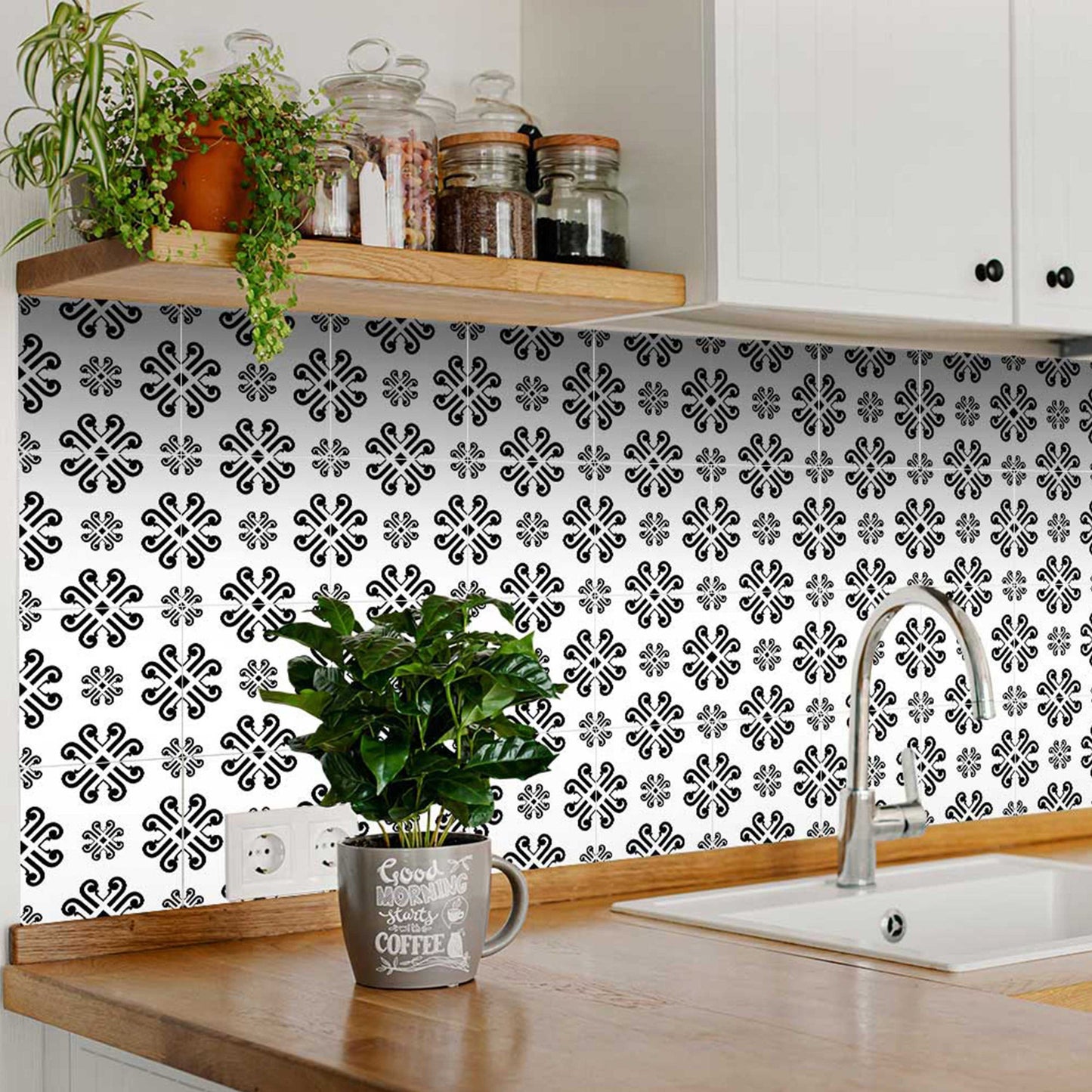 8" X 8" Black and White Daisy Peel and Stick Removable Tiles