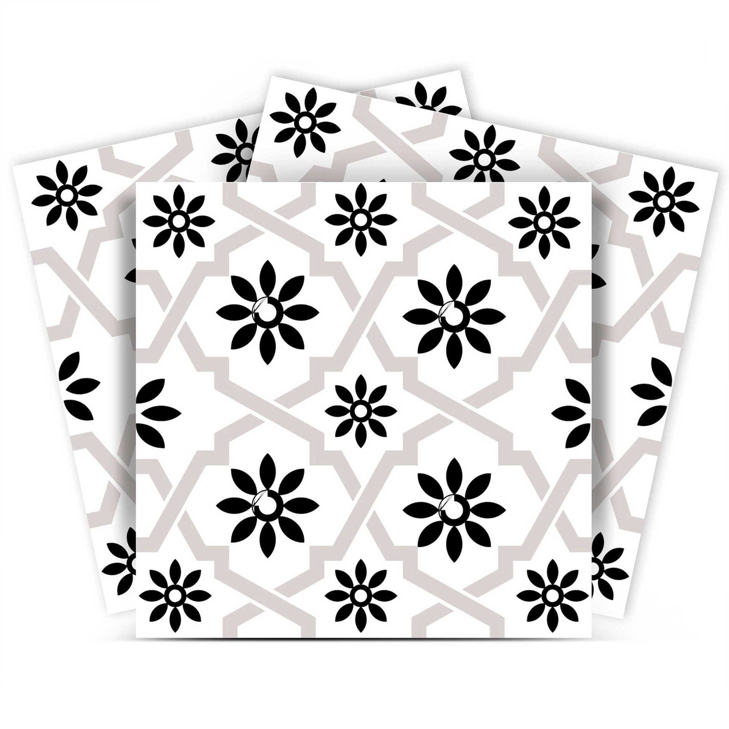 4" X 4" Black and White Lil Daisy Peel and Stick Removable Tiles