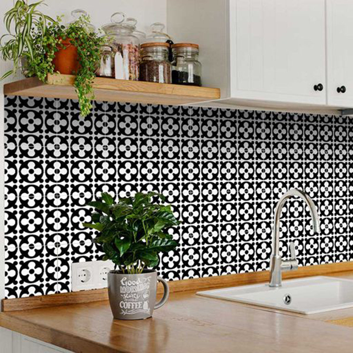 6" X 6" Black and White Medeci Peel and Stick Removable Tiles