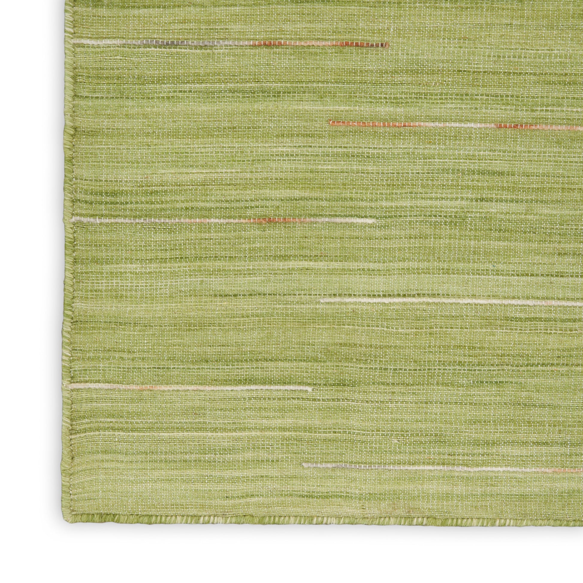 Green woven area rug with subtle beige horizontal stripes and textured weave.