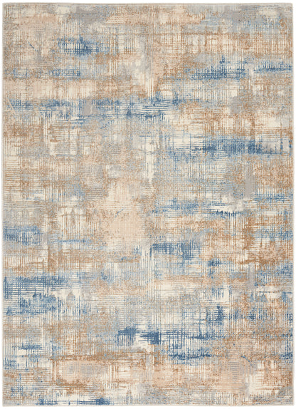 Abstract beige & blue area rug with textured crosshatched pattern in tan, blue & gray.