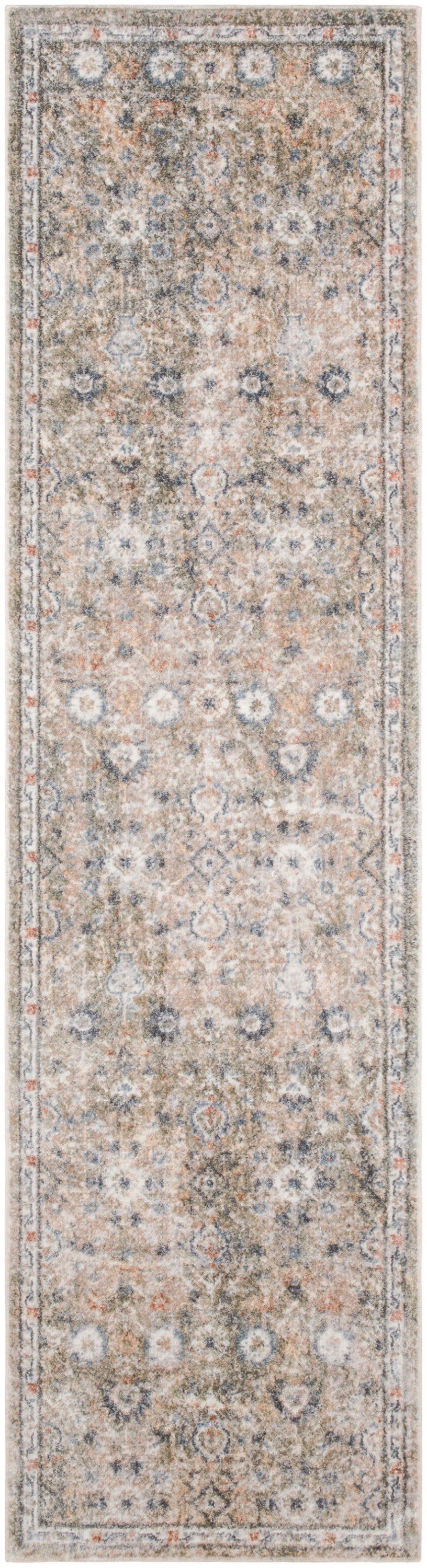 Traditional Persian-style runner rug with beige field, blue-gray florals, and ornate border.