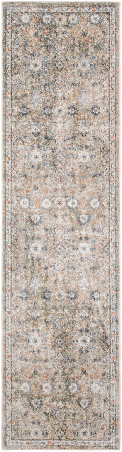 Traditional Persian-style runner rug with beige field, blue-gray florals, and ornate border.