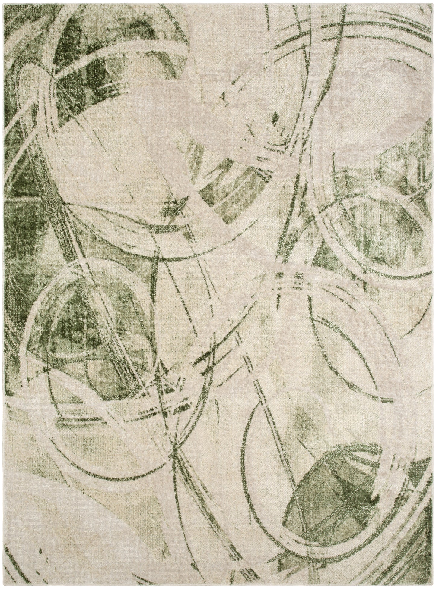 Beige textured surface with abstract overlapping circles and curved lines in muted green.