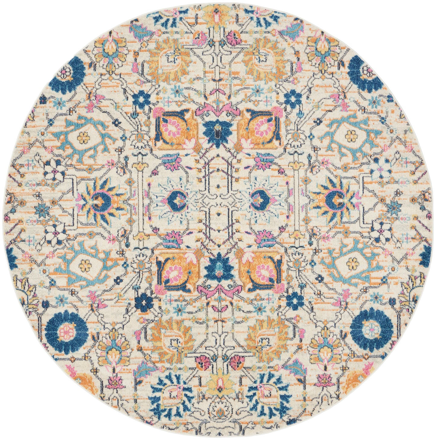 Round oriental rug with cream base and intricate multicolor floral pattern in blue, teal, orange, and pink.