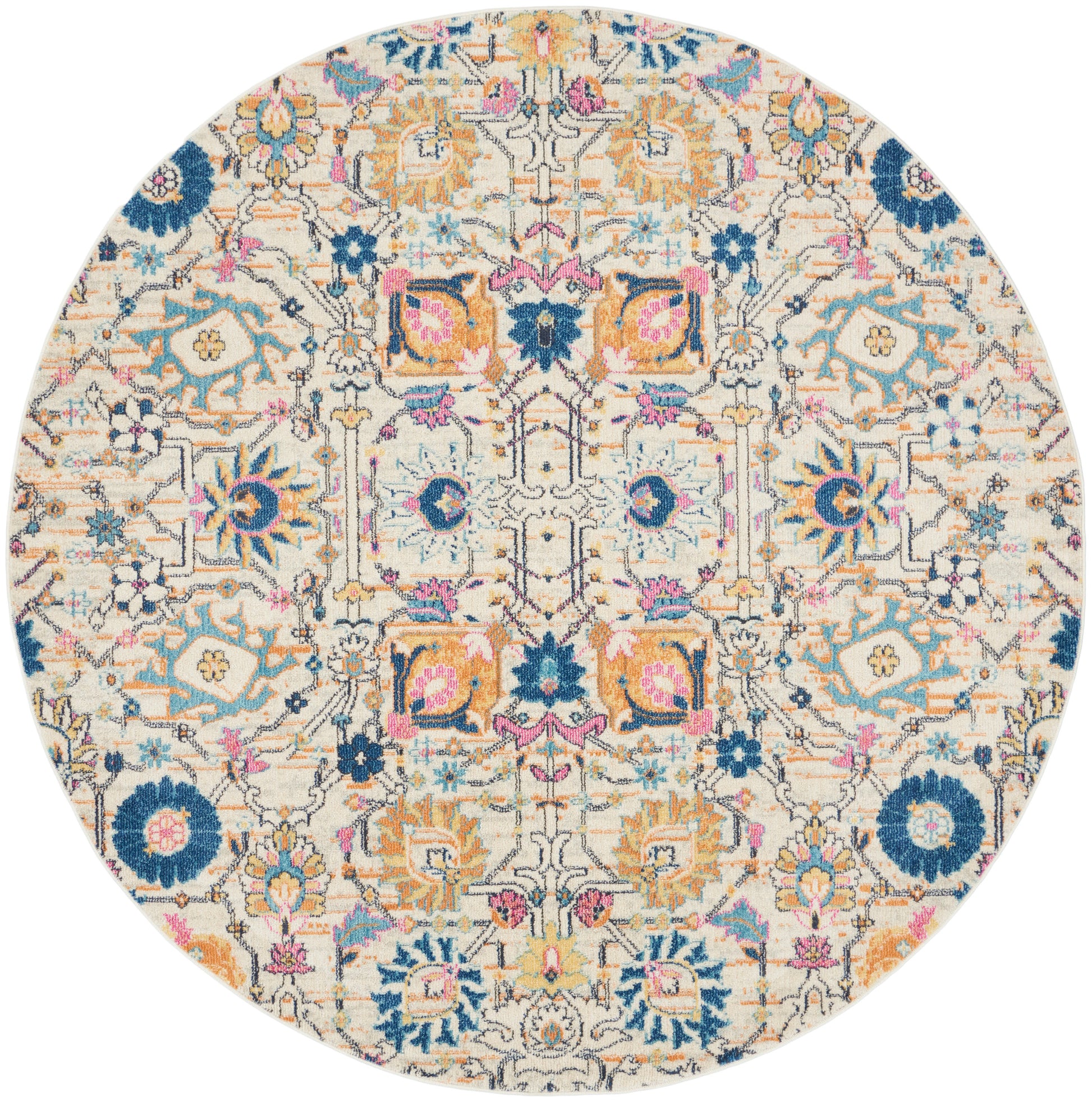 Round oriental rug with cream base and intricate multicolor floral pattern in blue, teal, orange, and pink.