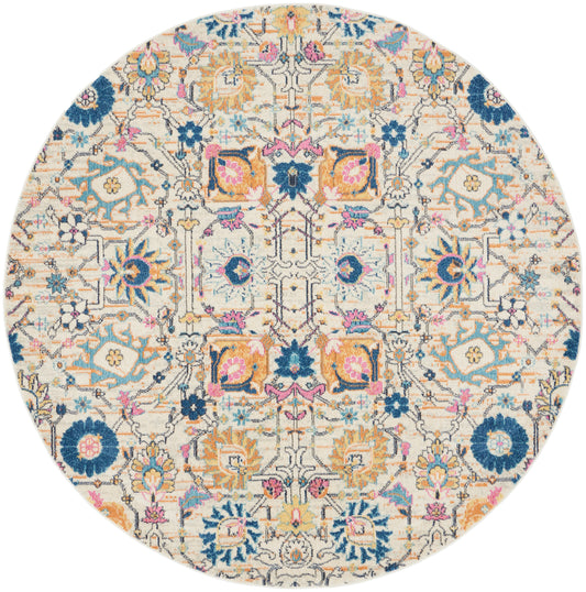 Round oriental rug with cream base and intricate multicolor floral pattern in blue, teal, orange, and pink.
