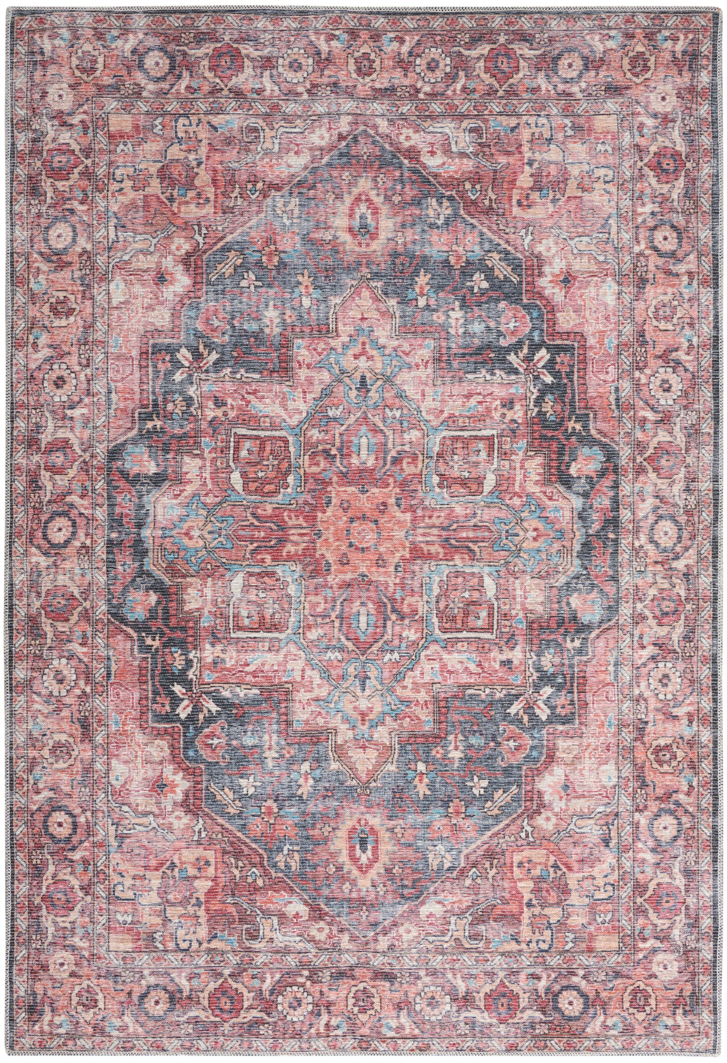 Rectangular Persian-style area rug in pink and blue with an ornate central medallion and floral border.