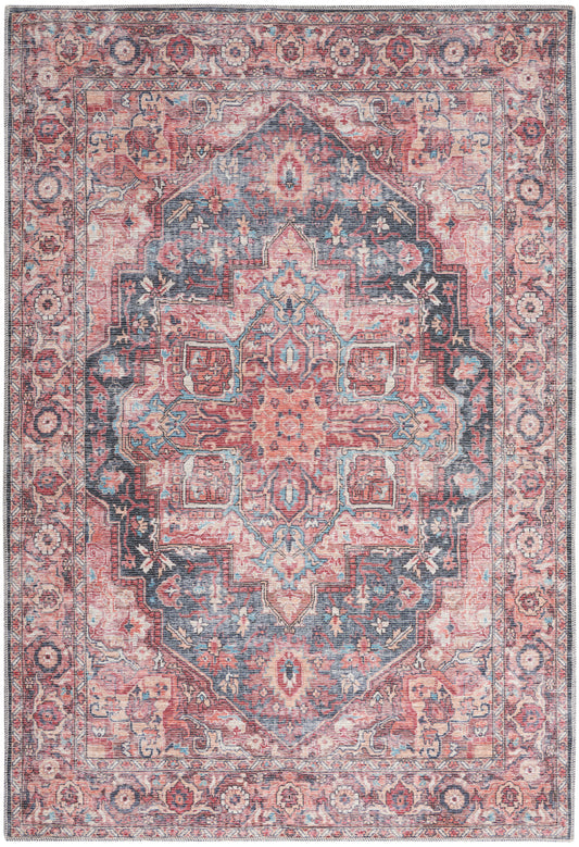 Rectangular Persian-style area rug in pink and blue with an ornate central medallion and floral border.