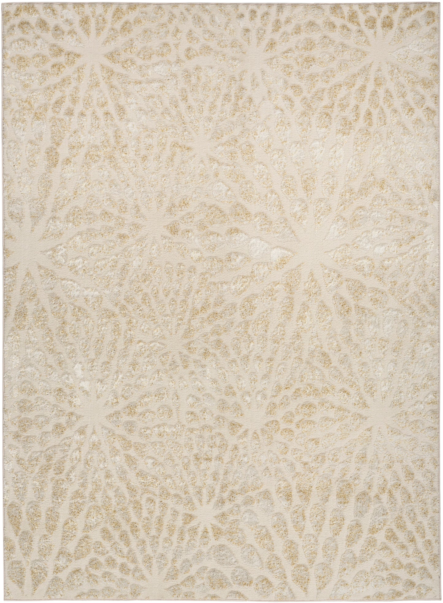 Beige area rug with cream starburst pattern, plush textured surface, neutral decor for living room.