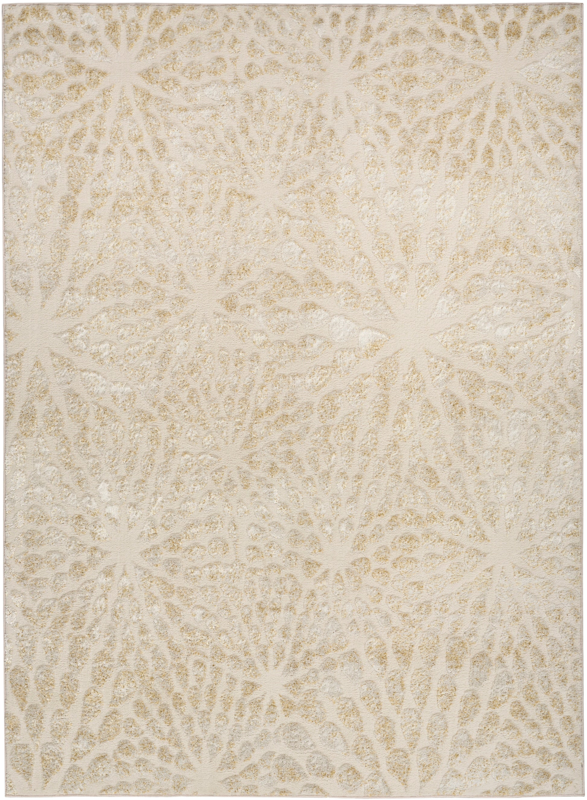 Beige area rug with cream starburst pattern, plush textured surface, neutral decor for living room.