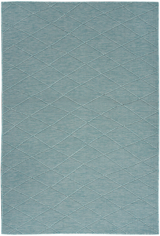Teal blue-green area rug with a subtle diamond lattice pattern and woven texture.