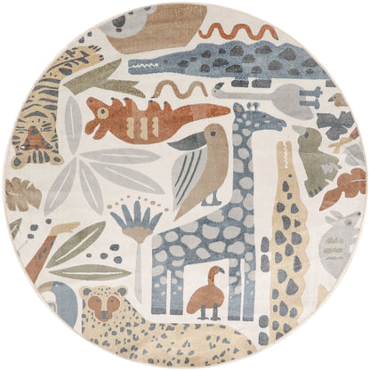 Round children's rug with pastel dinosaurs and plants; blue, beige and orange tones; playful nursery decor.