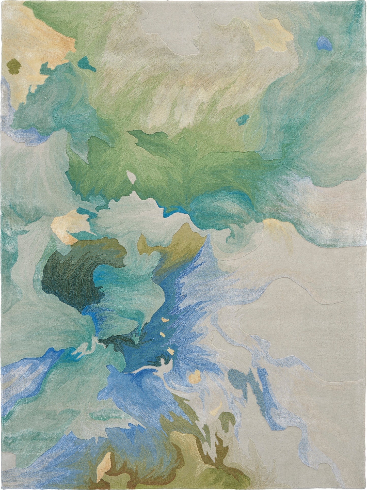 Abstract watercolor-style area rug with swirling greens, teals, blues and beige.