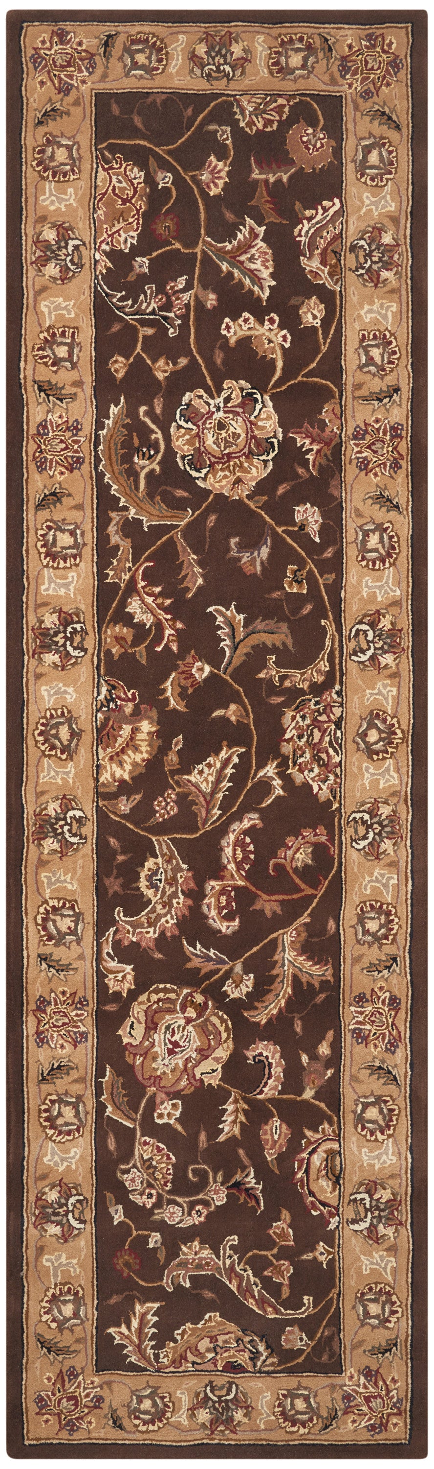 Brown oriental runner rug with a dark center and tan floral border of scrolling blossoms.