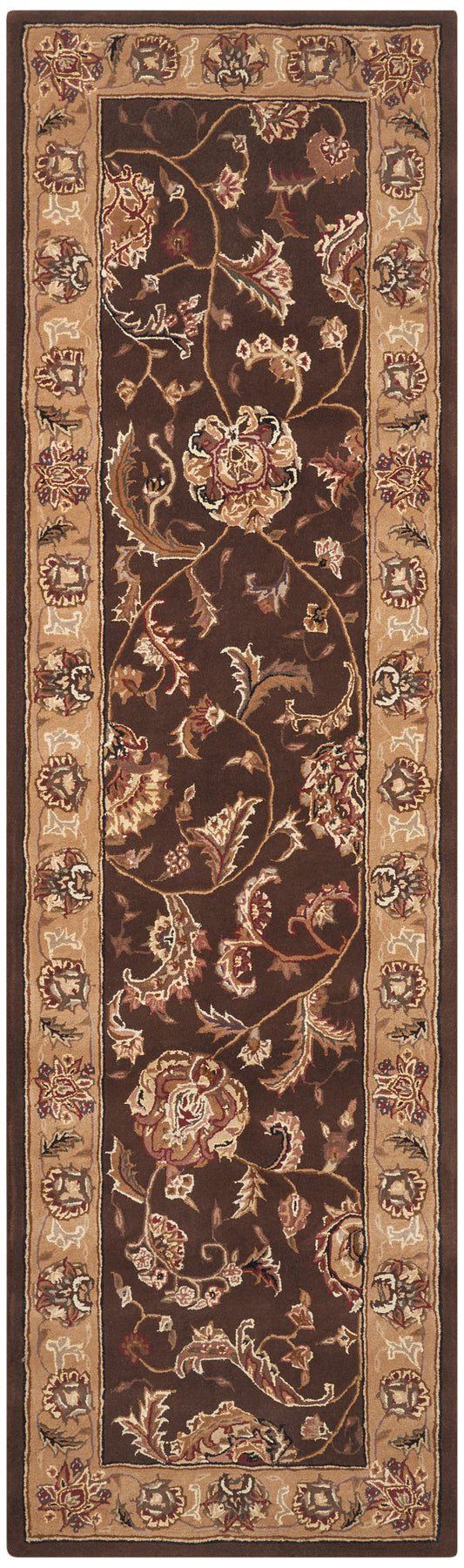 Brown oriental runner rug with a dark center and tan floral border of scrolling blossoms.