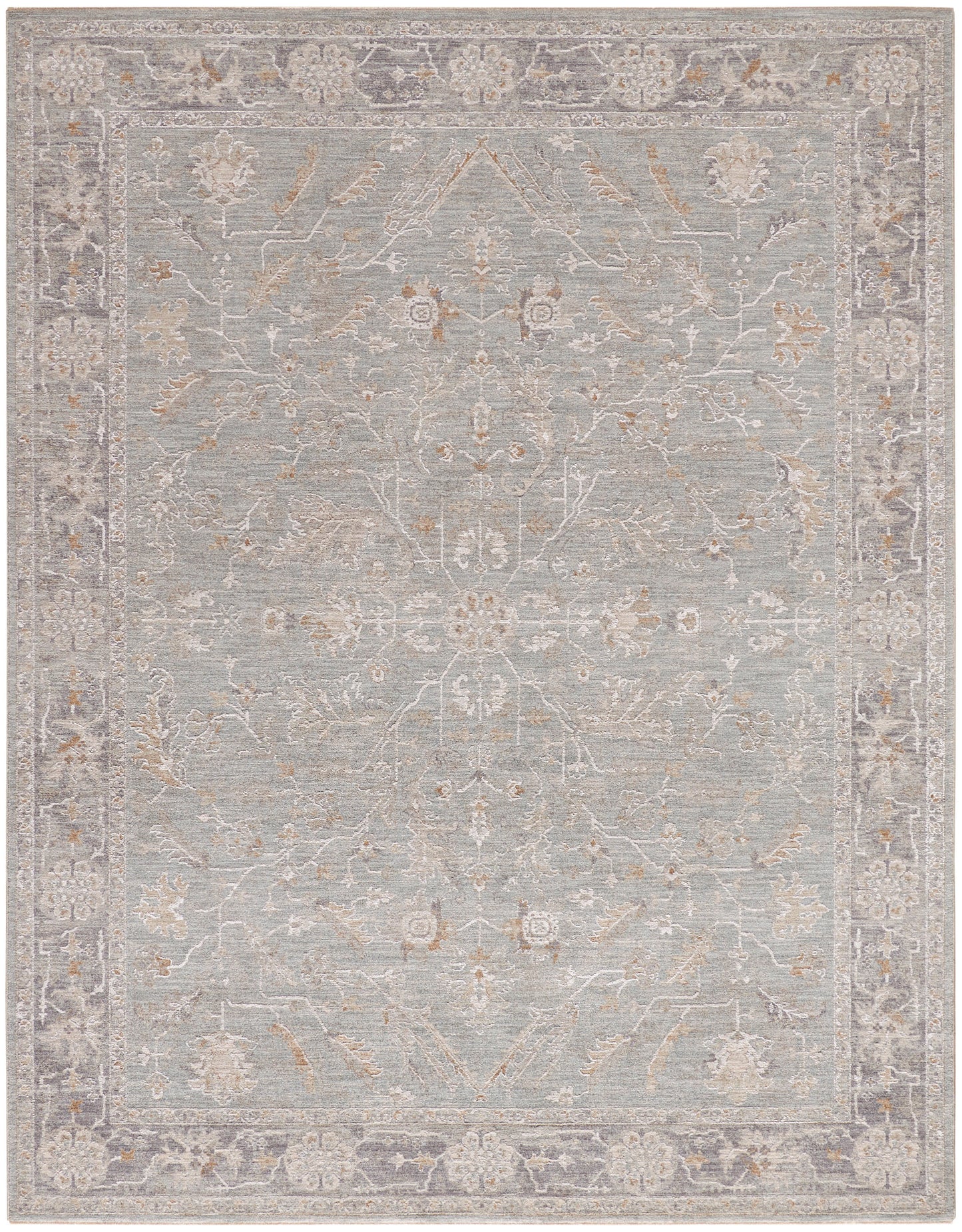 Soft-pile blue-gray area rug with ivory floral medallions and scrolling border; antique oriental style.