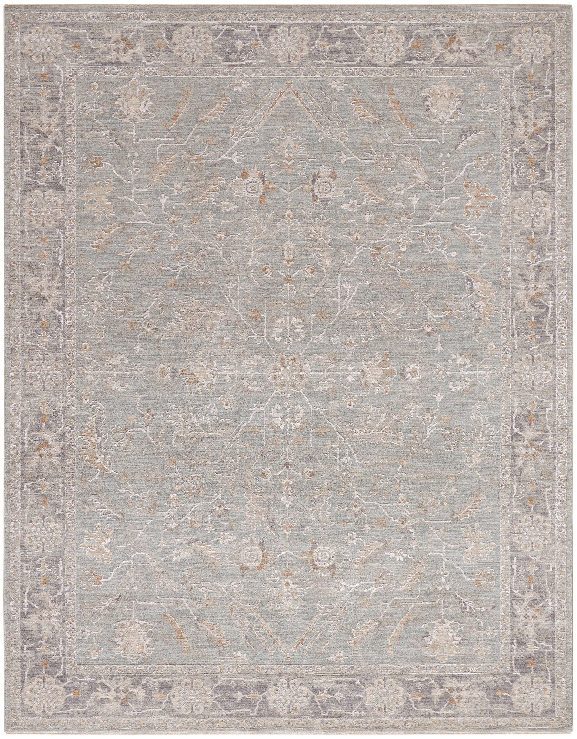 Soft-pile blue-gray area rug with ivory floral medallions and scrolling border; antique oriental style.
