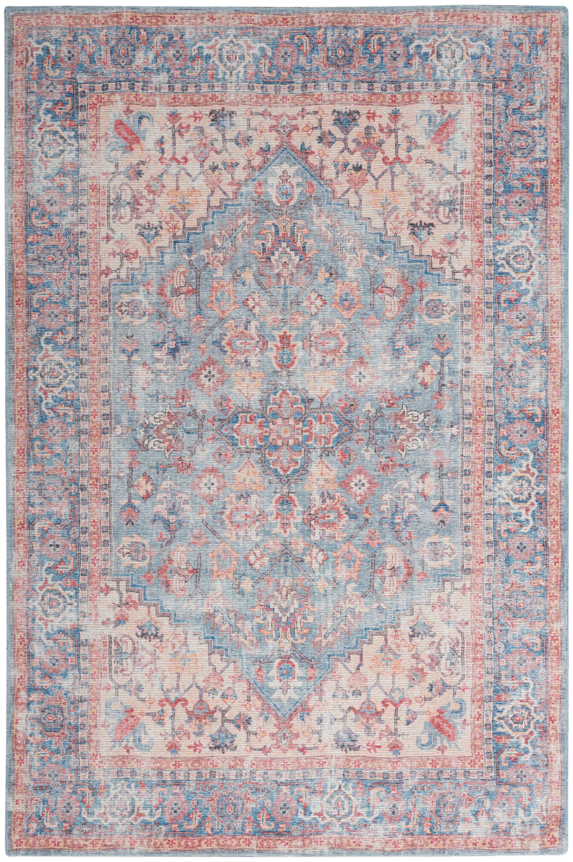 Pastel-blue Persian-style rug with central floral medallion, pink and cream accents, and ornate scrolling borders.