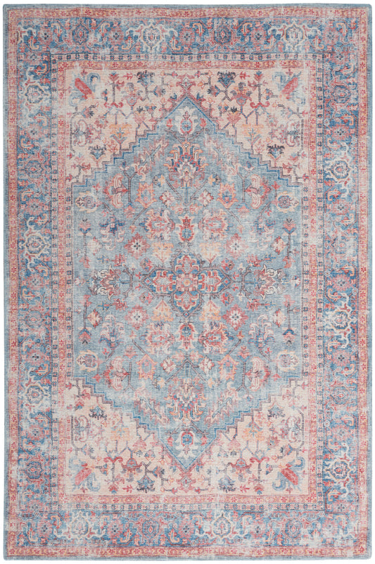 Pastel-blue Persian-style rug with central floral medallion, pink and cream accents, and ornate scrolling borders.