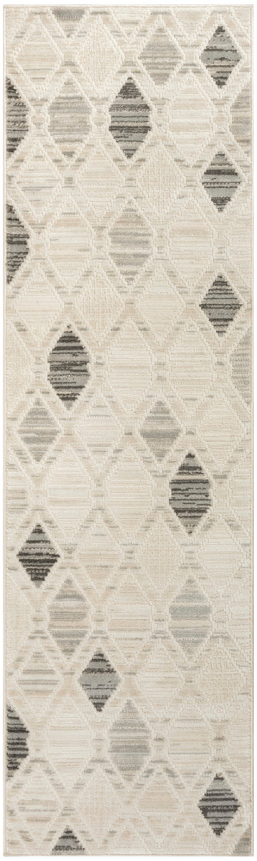 Neutral beige geometric runner rug with ivory lattice diamonds and gray striped centers; modern, textured look.