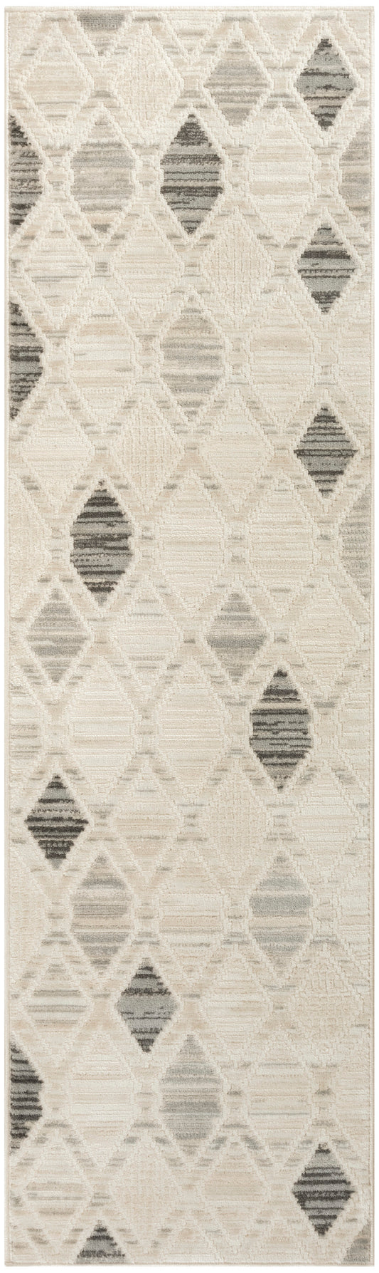 Neutral beige geometric runner rug with ivory lattice diamonds and gray striped centers; modern, textured look.
