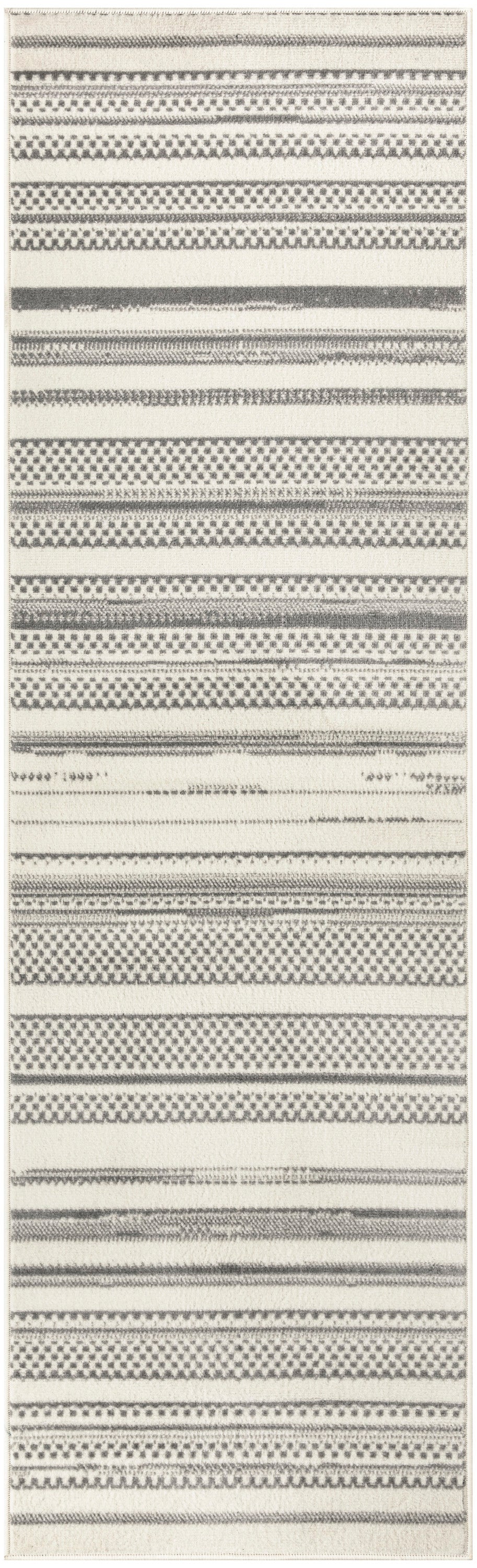 Neutral-toned flatwoven runner rug with alternating black and gray stripe motifs on cream background; modern geometric style.