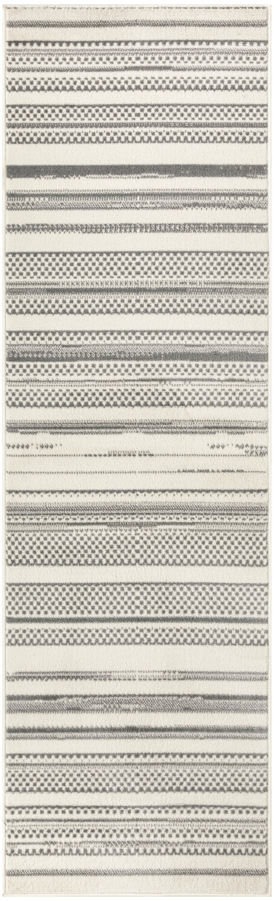 Neutral-toned flatwoven runner rug with alternating black and gray stripe motifs on cream background; modern geometric style.